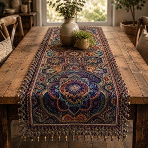 May include: A rectangular crochet table runner featuring a complex mandala pattern in shades of deep purple, blue, orange, and teal. The runner is finished with a decorative border of small hanging beads along the edges and a geometric motif.