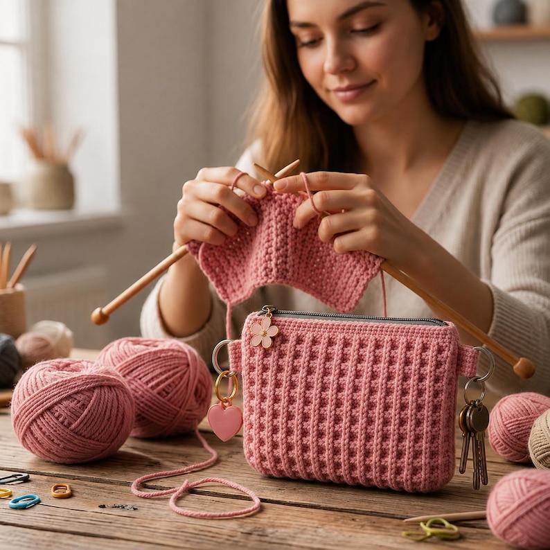 Puede incluir: Un estuche rectangular de ganchillo rosa con textura de punto de gofre, cierre de cremallera y un dije de flor. El estuche tiene anillas met&aacute;licas en los laterales, una con un dije de coraz&oacute;n rosa y la otra con un juego de llaves.