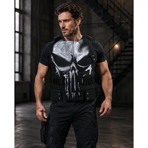 May include: A black tactical vest featuring a large, white, distressed skull graphic on the chest. The vest includes multiple horizontal straps, integrated pouches, and metallic hardware details, worn over a plain black short-sleeved t-shirt.