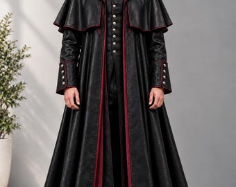 Men’s Black Gothic Victorian Long Coat | Red Trim Vampire Costume | Halloween Dramatic Cape Coat