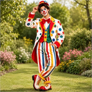 May include: A clown costume featuring a white tailcoat with multicolored polka dots, a red bow tie, a green vest with yellow buttons, and striped trousers in red, yellow, blue, and green. The outfit includes a red top hat and oversized white shoes.