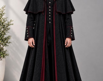Men’s Black Gothic Victorian Long Coat | Red Trim Vampire Costume | Halloween Dramatic Cape Coat