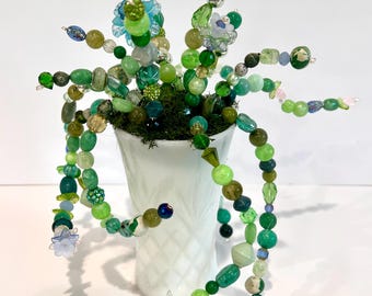 Beaded Trailing Plant in White Glass Vase | Handmade Wire Wrapped Decor | Boho Shelf Decor | Plant Lover Home Gift