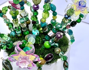 Beaded Plant in Ceramic pot, Handmade Garden Sculpture, Green Arrangement with Flowers, Unique Home Decor Gift