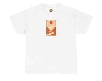 Wüste Sonnenaufgang Landschaft Tee | Minimalistische Sonnenfluss Grafik