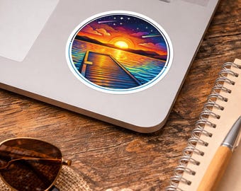 Sunset Dock Lake Sticker | Vibrant Vinyl Illustration