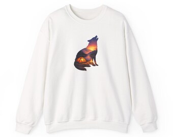 Wolf Silhouette Sunset Crewneck Sweatshirt | Camping Landscape