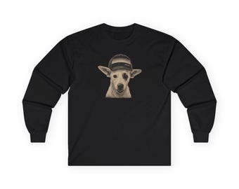 Dog Wearing Straw Hat long sleeve tee | Cute canine portrait, summer vibes
