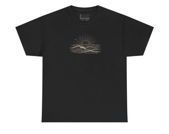 日の出の波のイラストTシャツ｜海の夕日の波のグラフィックシャツ