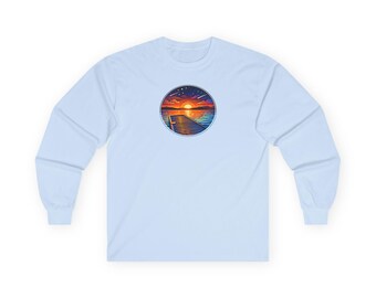Sunset Pier Illustration Long Sleeve Tee | Beach Ocean Horizon Shirt
