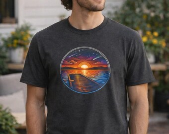 Sunset Dock T-Shirt: Serene Lakefront Graphic Tee (100% Cotton)