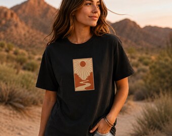 Wüste Sonnenaufgang Landschaft Tee | Minimalistische Sonnenfluss Grafik
