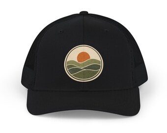 Retro Sunrise Landscape Snapback Trucker Cap | Embroidered Mountain Patch