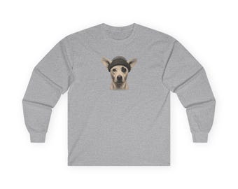 Dog wearing beanie Long Sleeve Tee | Cute puppy portrait shirt