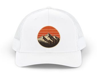 Retro Mountain Sunset Snapback Cap | Trucker Hat, Embroidered Outdoor Design