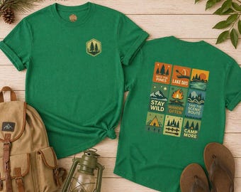 Vintage Camping Patchwork Tee | Outdoor Adventure T-Shirt, Stay Wild Lake Camp Design