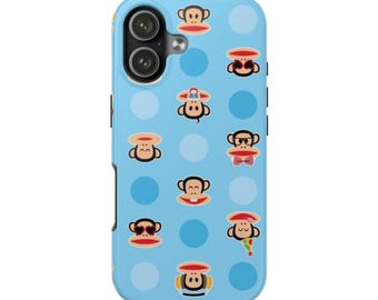 遊び心のある猿柄のスマホケース | 青い水玉模様の丈夫なケース