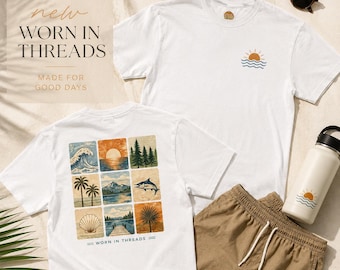 海岸モザイクサンセットTシャツ｜海の波、ヤシの木、貝殻、カジキ