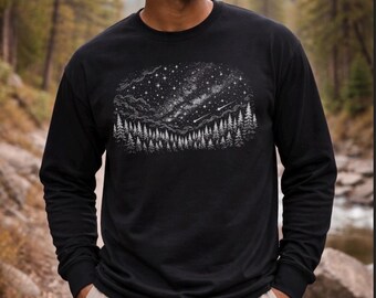 Starry Night Forest Long Sleeve Tee | Mountain Pine Trees Night Sky