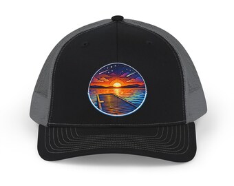 Sunset Pier Illustration Trucker Cap | Ocean Dock Sunset Hat