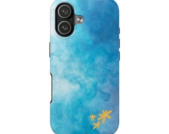 ブルーの水彩画風スマホケース | ミニマルなゴールドの花柄アクセント