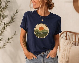 Retro Sonnenuntergang Landschaft T-Shirt | Minimalistisches Berg Sonne T-Shirt
