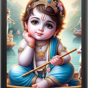 May include: A framed digital art print depicts a serene scene of a baby with dark brown eyes, adorned with a jeweled crown and gold jewelry. The baby is dressed in blue robes and holds a flute. The background shows a river scene with boats.
