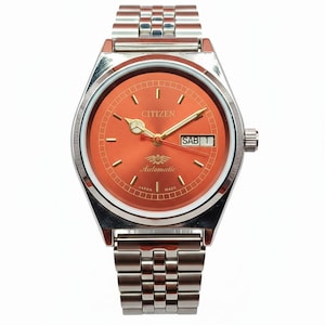 Herrklocka med automatisk urtavla, orange urtavla | Mekanisk självuppdragande armbandsur | Armbandsur i rostfritt stål | Vintage lyxklocka, present till honom