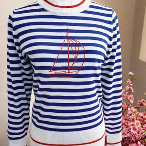Coastal Striped Sweater with Sailboat Embroidery | Nautical Chic Knit Top | Red & Blue Classic Boutique Pullover