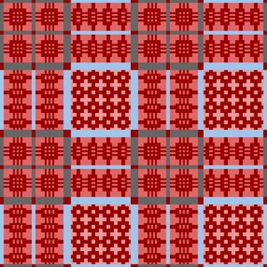 May include: A red and blue plaid pattern with a repeating geometric design. The pattern is made up of squares and rectangles.