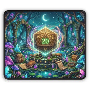 以下が含まれることがあります： ファンタジーをテーマにしたマウスパッド。中央に大きな金色の20面ダイスがあり、光を放っています。月、キノコ、クリスタル、池があり、魔法の森の雰囲気を作り出しています。本、ポーション、宝箱などのアイテムも含まれています。
