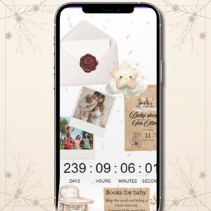 Puede incluir: Una pantalla de teléfono inteligente muestra una invitación a un baby shower con un temporizador de cuenta regresiva. El diseño incluye un sobre blanco con un sello de cera, una nube en forma de estrella y fotos estilo polaroid. El texto dice "Baby shower for Olivia".
