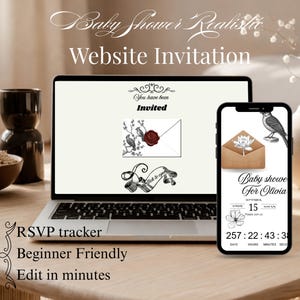 Może przedstawiać: Laptop i smartfon wyświetlające zaproszenie na baby shower. Ekran laptopa pokazuje projekt koperty z tekstem "You have been Invited". Smartfon wyświetla zaproszenie na baby shower z timerem odliczającym czas. Tekst na obrazku zawiera "RSVP tracker" i "Edit in minutes."