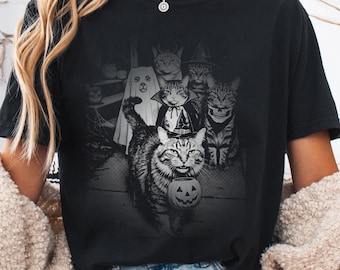 Comfort Colors® Halloween Cat Shirt Women, Funny Cats in Costumes Tee, Witch Vampire Cat Mom Halloween Gift, Spooky Cat Lover Shirt