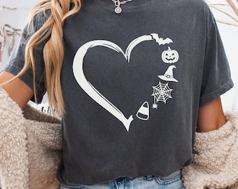 Comfort Colors® Halloween Heart Shirt Women, Cute Spooky Witch Pumpkin Bat Tee, Minimalist Halloween Gift for Her, Spooky Season Shirt