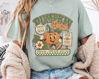 Comfort Colors® Retro Pumpkin Patch Tee, Cute Fall Farmer Pumpkin Shirt Women, Farm Fresh Autumn Gift for Her, Locally Grown Fall Shirt