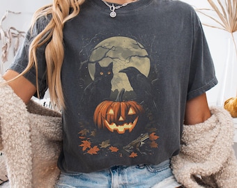 Comfort Colors® Black Cat Raven Pumpkin Moon Shirt, Dark Gothic Halloween Tee Women, Witchy Spooky Fall Shirt, Crow Halloween Gift for Her