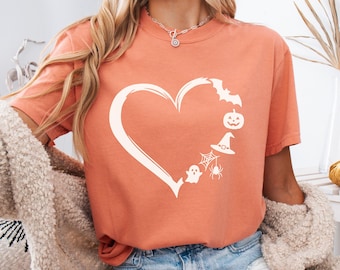 Comfort Colors® Halloween Heart Shirt Women, Cute Ghost Witch Pumpkin Bat Tee, Spooky Season Gift for Her, Minimalist Halloween Shirt