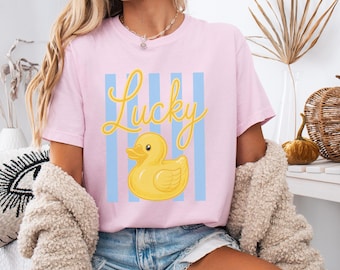 Comfort Colors® Lucky Duck Shirt Women, Funny Rubber Duck Tee, Cute Cruise Duck Gift for Her, Retro Stripe Duck Lover Shirt, Lucky Tee