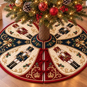 May include: A circular quilted Christmas tree skirt featuring alternating cream, navy blue, and red panels. The design includes embroidered nutcracker figures, gold scrollwork, holly sprigs, and crown motifs. Three red velvet bows secure the opening.