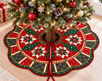 Christmas Tree Skirt, Quilted Red Green Tree Skirt, Round or Flower Tree Base Cover, Xmas Tree Decor, Holiday Christmas Decor