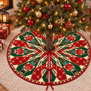 May include: A circular quilted Christmas tree skirt featuring a repeating pattern of nutcracker figures in red, green, and gold. The design includes geometric star-like segments with holly leaf accents and three red fabric ties for closure.