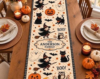 Personalized Vintage Halloween Table Runner, Witch Black Cat Quilted Runner, Custom Family Name Spooky Table Decor, Halloween Hostess Gift