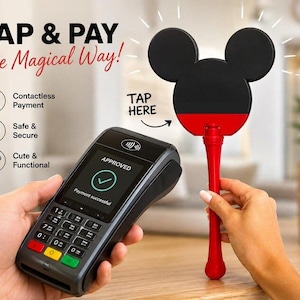 May include: A black and red contactless payment wand shaped like a mouse head, held near a black payment terminal displaying an approved payment screen. Text on the image reads TAP & PAY The Magical Way!, TAP HERE, Contactless Payment, Safe & Secure, and Cute & Functional.