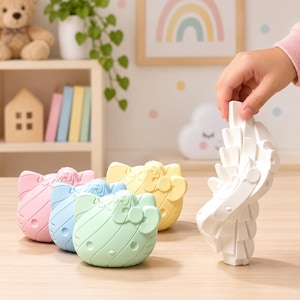 May include: A collection of cat-shaped puzzle figures in pastel pink, blue, green, and yellow, alongside a white cat-shaped puzzle figure being stacked vertically. Each figure features a bow detail on one ear and a striped pattern on the surface.