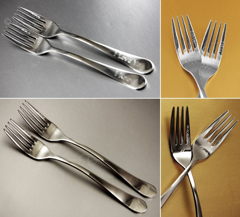 set of 2 with fork handle and face engraving options Wedding Fork Prongs Tines Personalized Engraved Stainless Steel