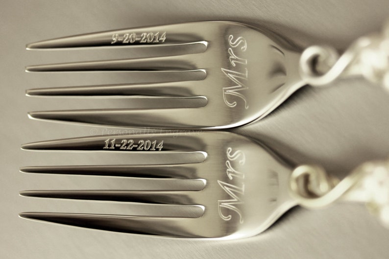 set of 2 with fork handle and face engraving options Wedding Fork Prongs Tines Personalized Engraved Stainless Steel