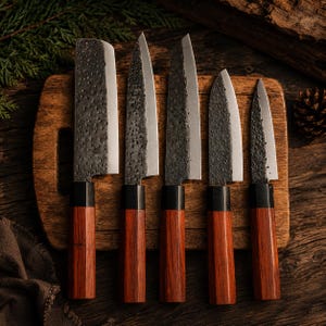 May include: A set of five kitchen knives with hammered dark metal blades and smooth, reddish-brown wooden handles. The knives feature distinct blade shapes, including a flat-edged cleaver style and four pointed blades of varying sizes.