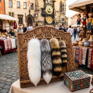 May include: A wooden display featuring four fluffy keychains made of fur in white, gray, and brown tones. The display is intricately carved with bird and floral designs. The background shows a bustling marketplace with various crafts and souvenirs.