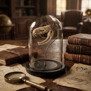 May include: A snake skull specimen displayed under a glass cloche. The skull is mounted on a brass stand, set against a backdrop of antique books and aged paper. A magnifying glass and a globe are also visible.